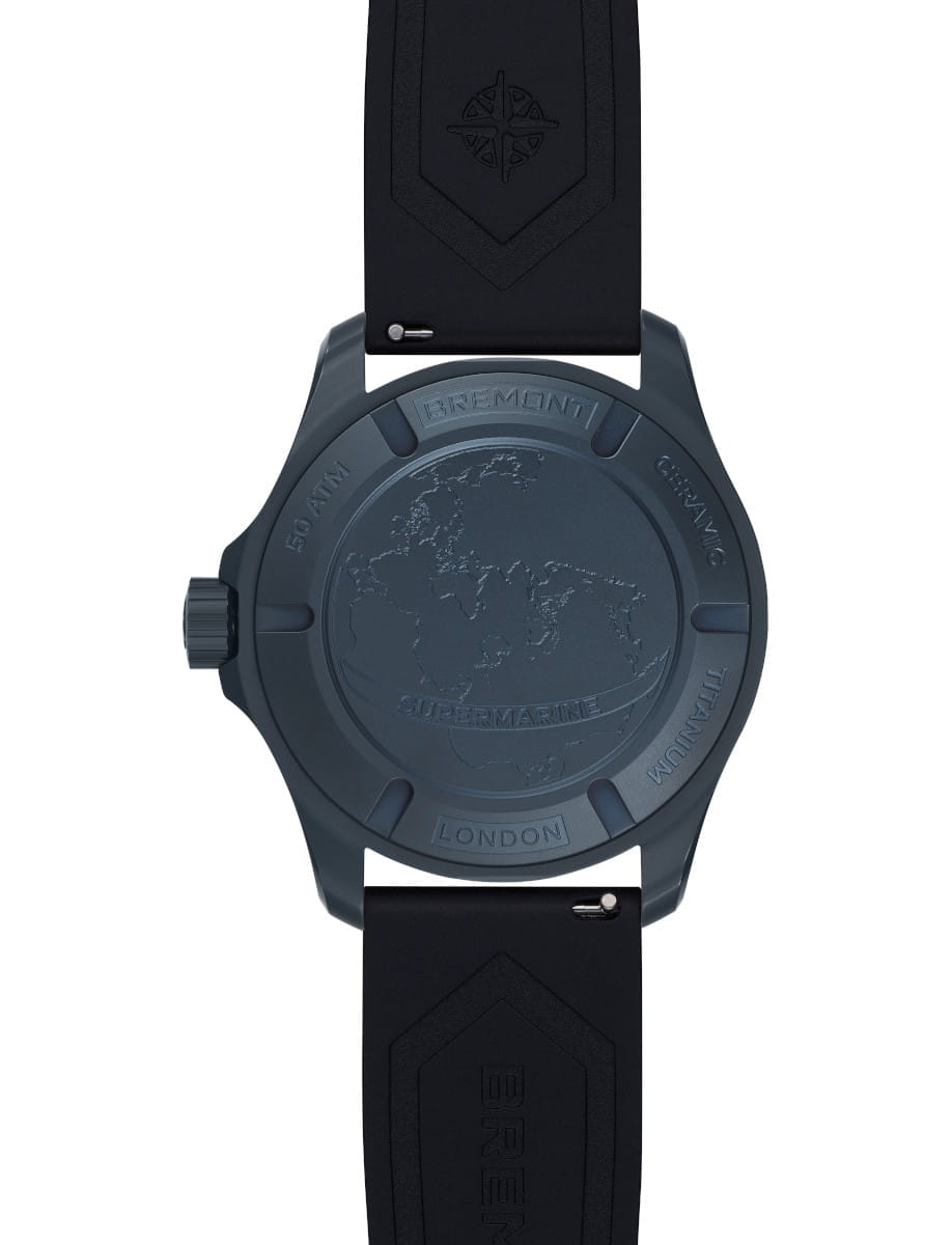 Back view of a Bremont Supermarine watch with a map-engraved case back and black rubber strap.