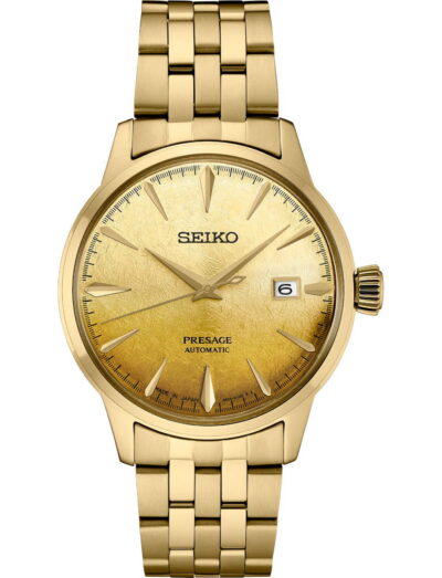 Seiko wristwatch with gold-tone stainless steel case and bracelet, and gold tone dial.