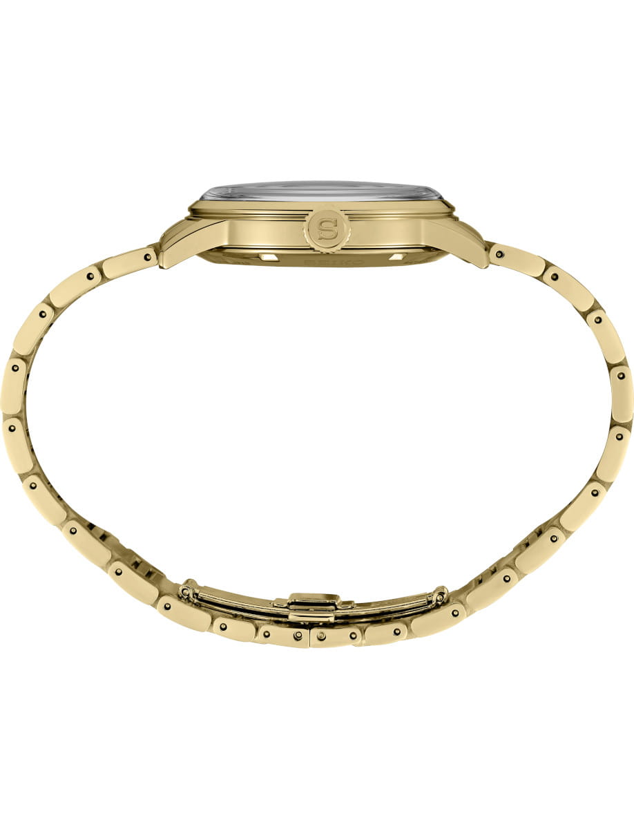 Side view of Seiko wristwatch with gold-tone stainless steel case and bracelet.
