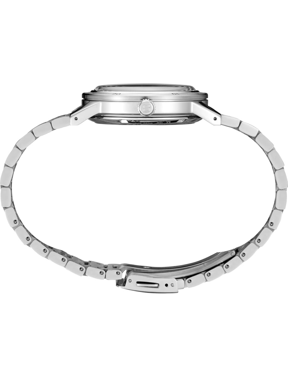 Side view of a silver stainless steel wristwatch with a linked bracelet and crown on the case.