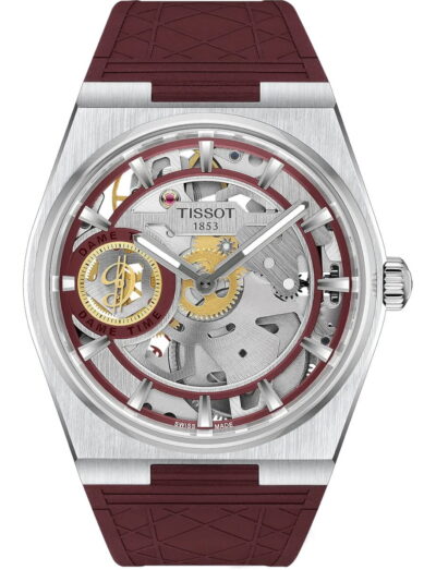 Skeleton wristwatch with visible gears and burgundy accents, stainless steel case, burgundy strap, brand Tissot, Swiss Made.