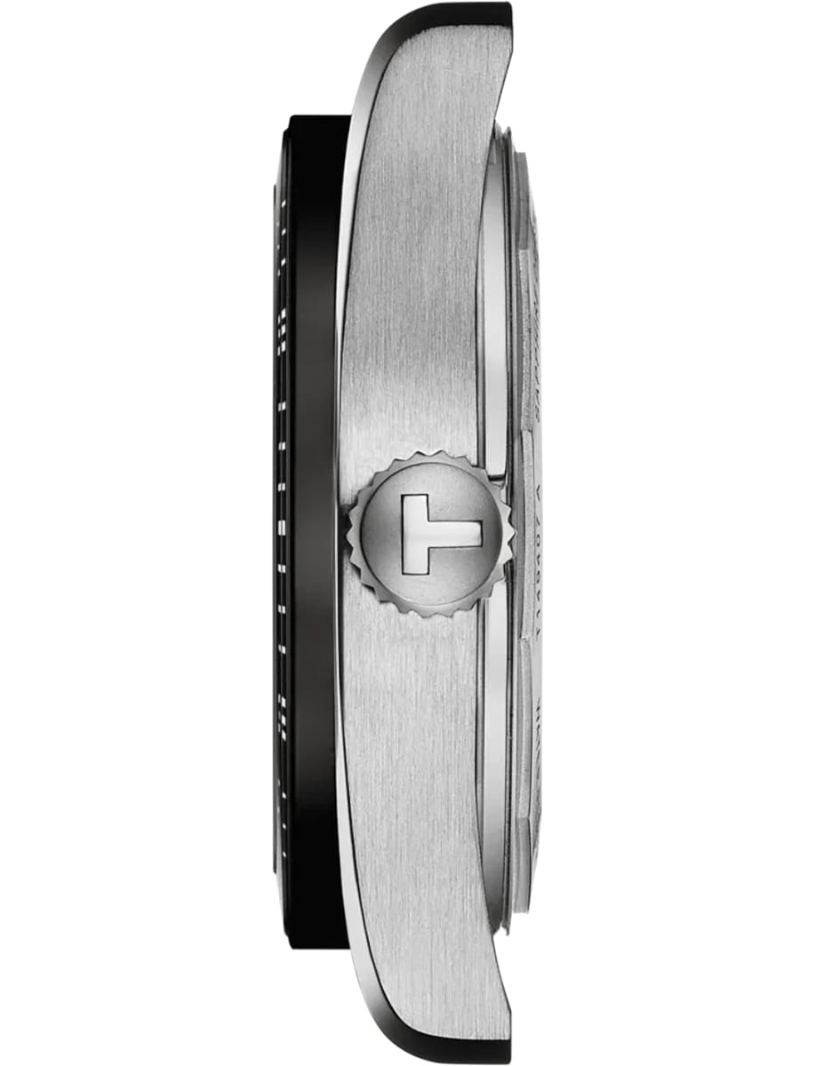 Side view of a stainless steel watch with a knurled crown on the right side.