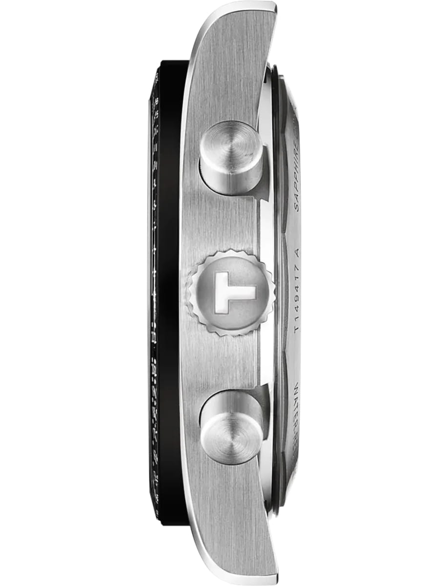Side view of a stainless steel wristwatch with a knurled crown and two pushers.