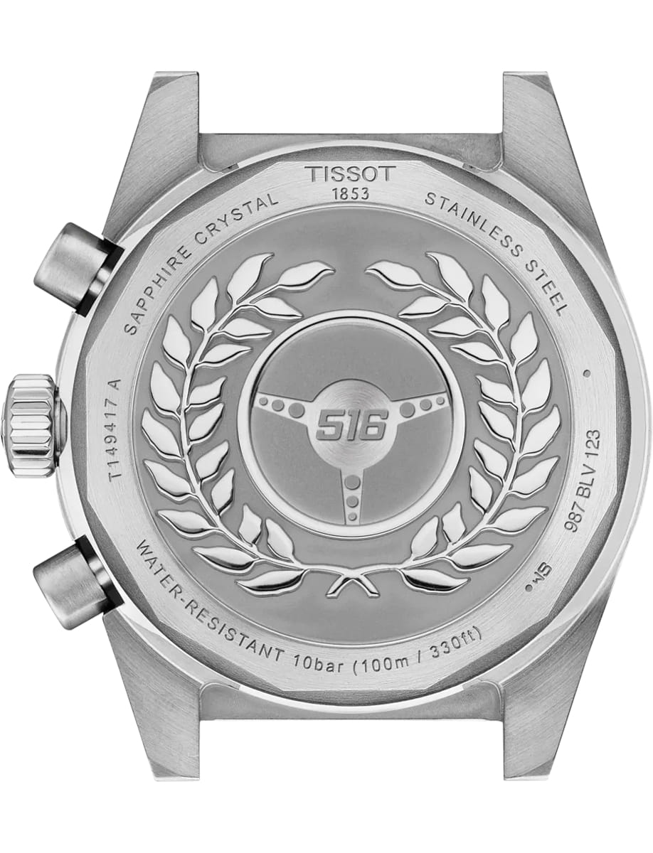 Watch back: stainless steel case with Tissot branding (1853), laurel engravings, and central medallion motif with '516' design, alluding to quality and craftsmanship.