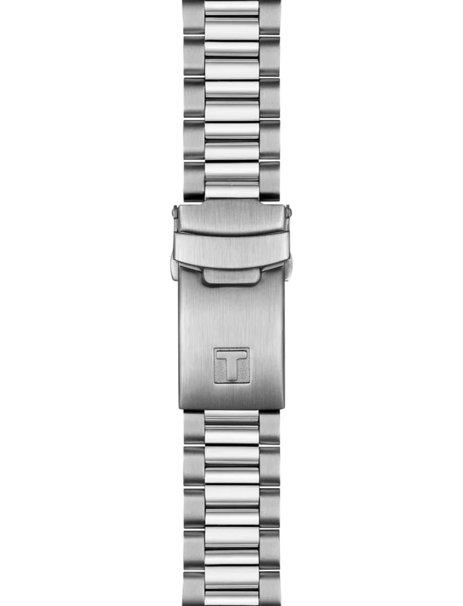 Stainless steel watch band with brushed clasp and link bracelet, viewed head-on in a vertical layout