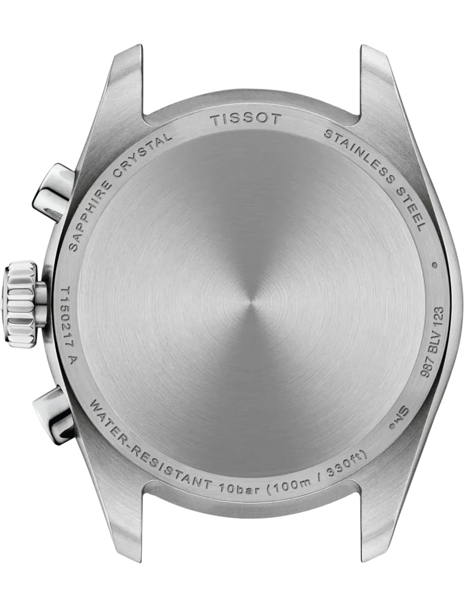 Back of a stainless steel wristwatch showing the crown on the left and engraved markings: TISSOT, SAPPHIRE CRYSTAL, STAINLESS STEEL, WATER RESISTANT 10 bar (100m/330ft).
