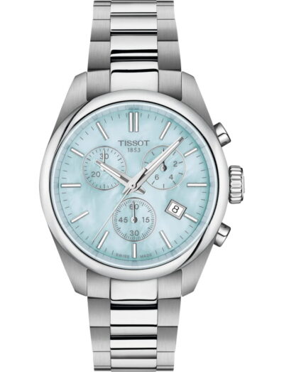Tissot wristwatch with stainless steel case and bracelet and blue mother of pearl dial