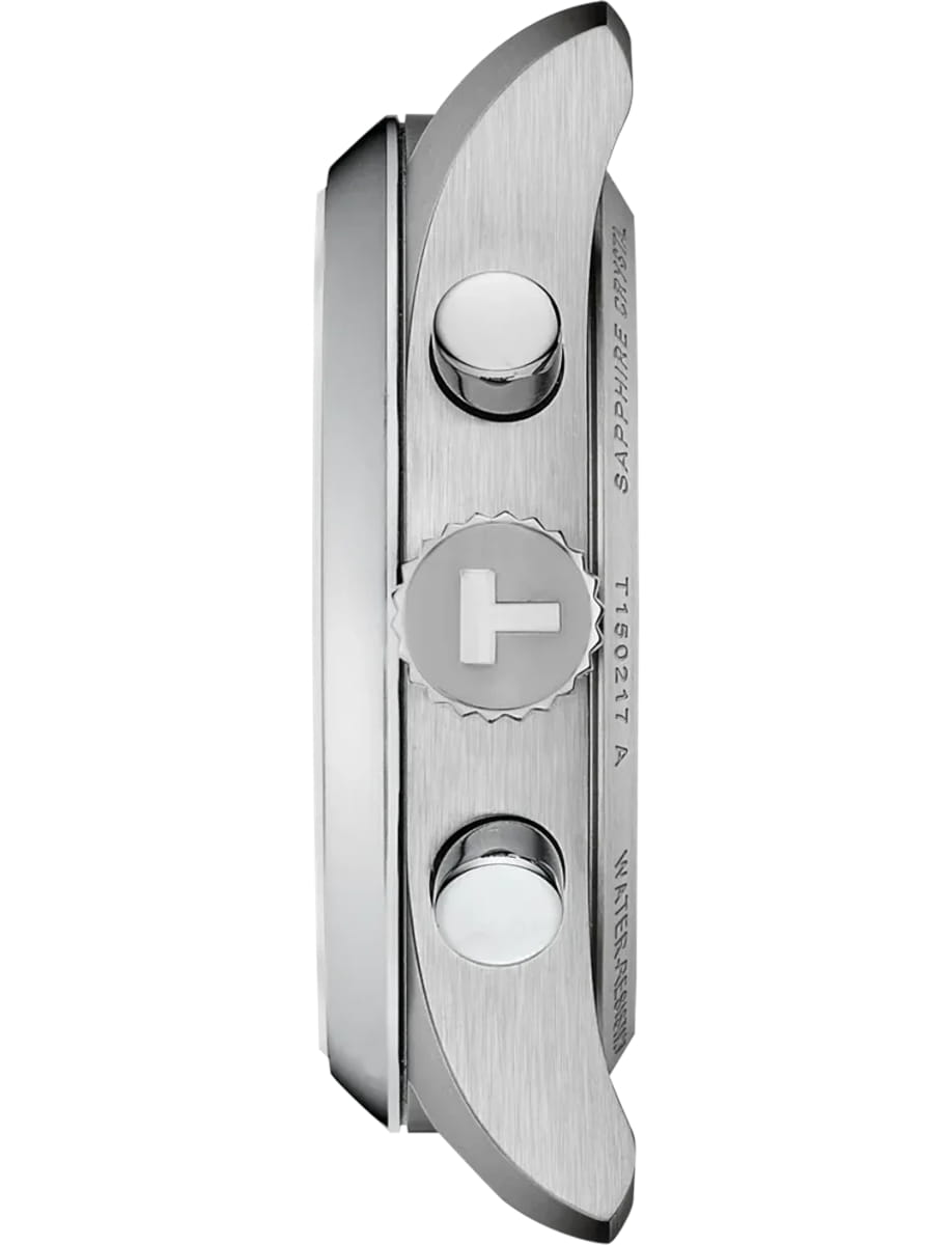 Side view of a polished metal door lock with a circular thumb-turn knob and two side bolts