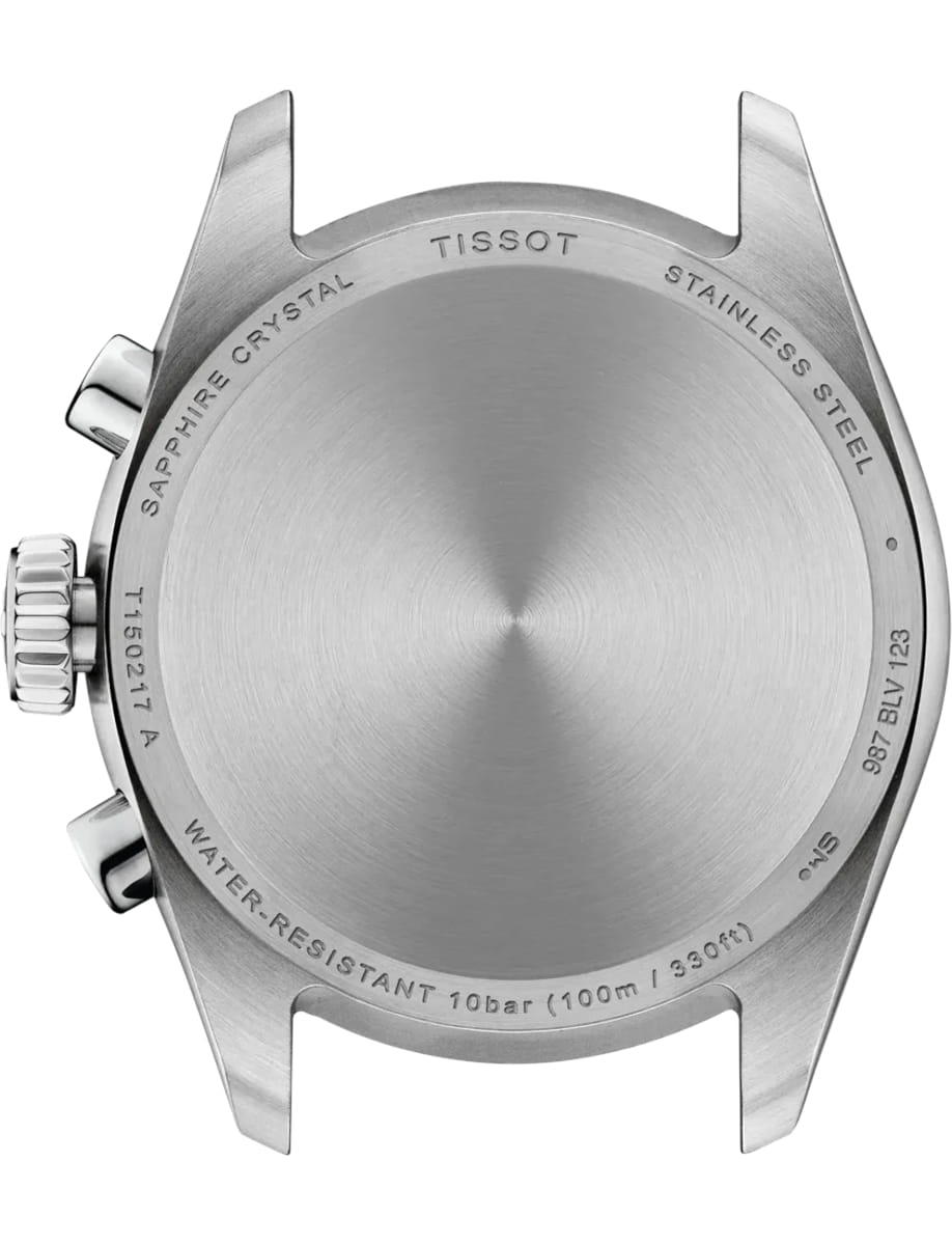Stainless steel watch case back with brushed finish, crown and pushers, engraved with TISSOT, SAPPHIRE CRYSTAL, and WATER RESISTANT 10 bar (100m).