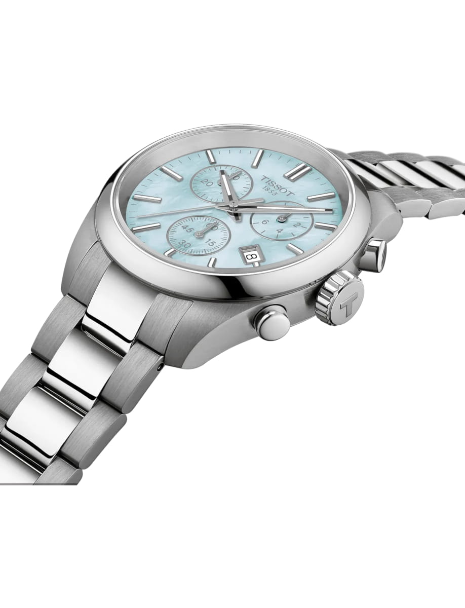 Stainless steel chronograph wristwatch with a light blue dial and three subdials on a metal bracelet