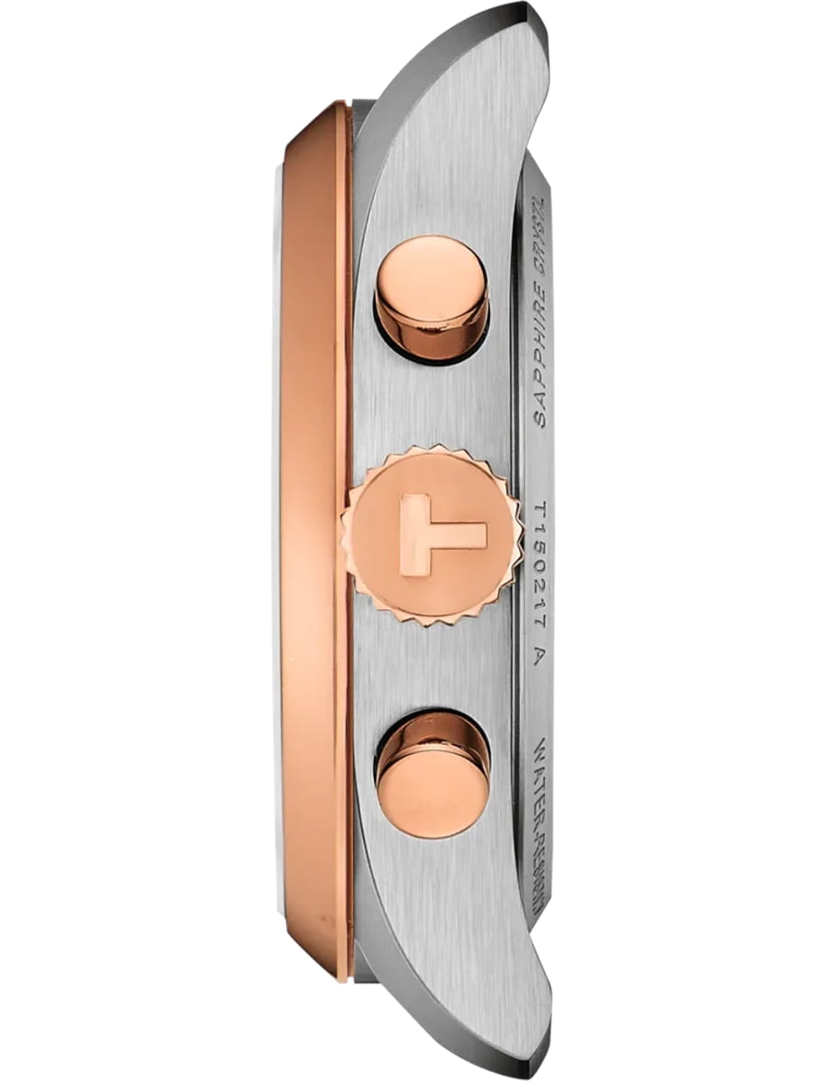 Close-up side view of a two-tone wristwatch: brushed silver case with a rose‑gold crown and protective rose‑gold plate