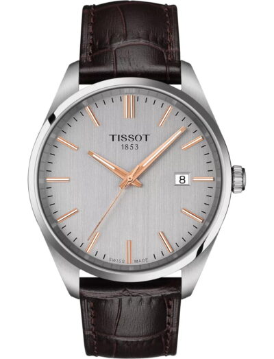 Tissot wristwatch with stainless steel case, silver dial and brown leather strap