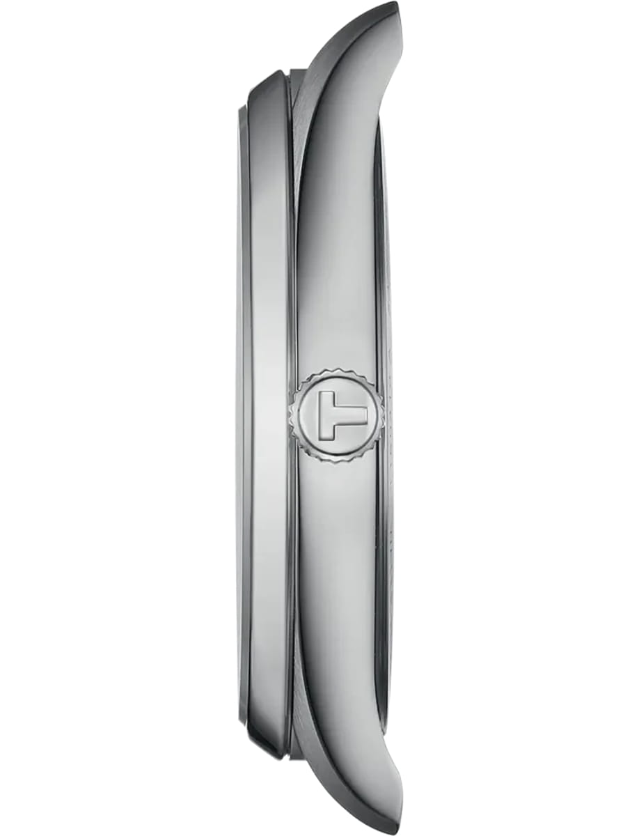 Side view of a silver stainless steel wristwatch case with a ridged crown and curved lugs.