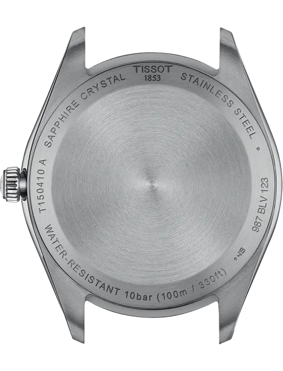 Back of a stainless steel wristwatch case with engraved branding and specifications: TISSOT, 1853, Sapphire Crystal, Water-Resistant 10 bar (100m).