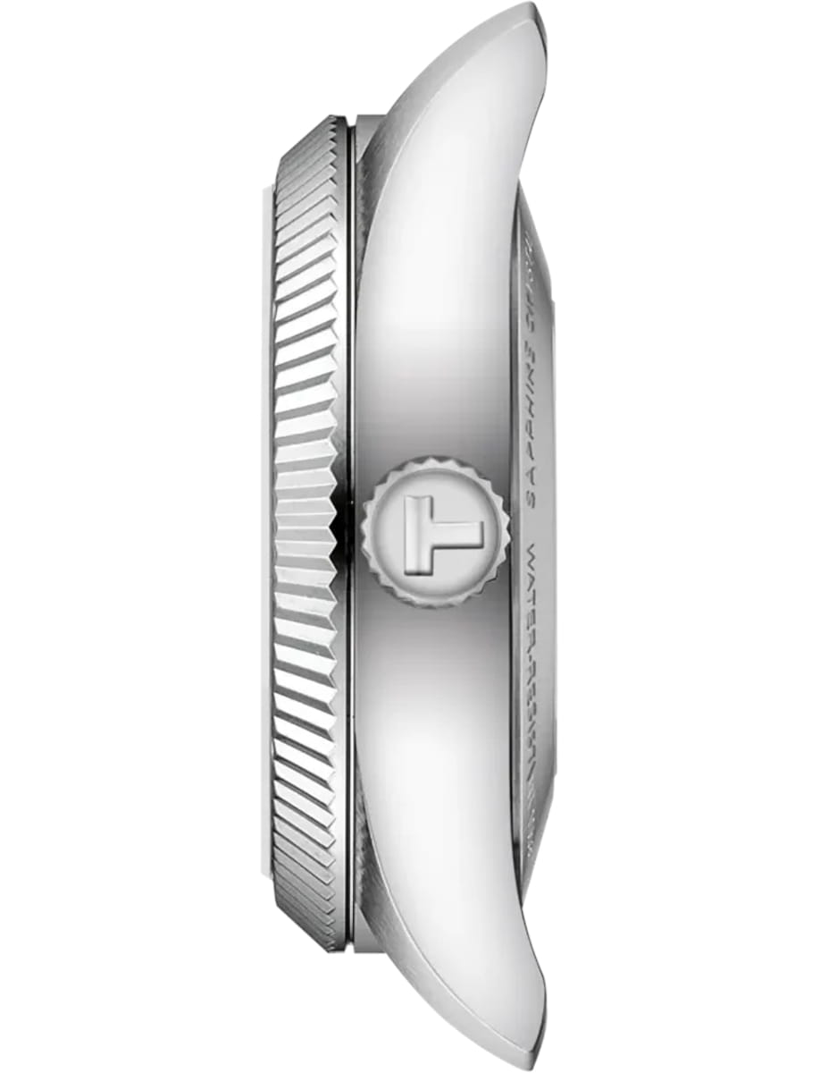 Side view of Tissot wristwatch with stainless steel case and bracelet and silver dial