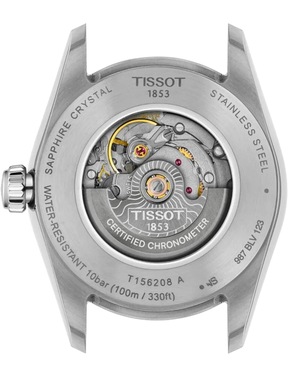 Back of a stainless steel Tissot watch showing the visible automatic movement and rotor with engravings 'TISSOT 1853' and 'CERTIFIED CHRONOMETER'