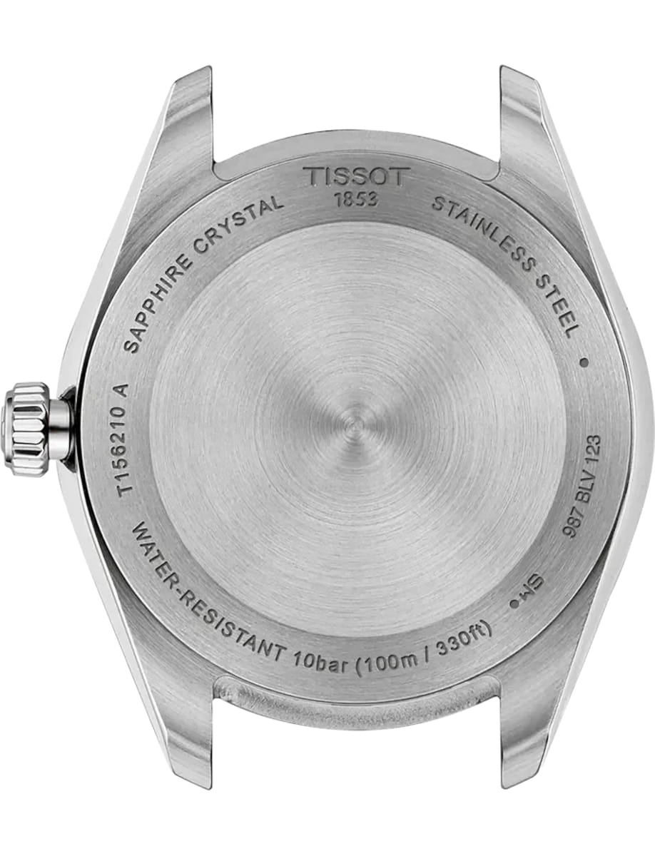 Back view of Tissot wristwatch with stainless steel case and bracelet and blue dial