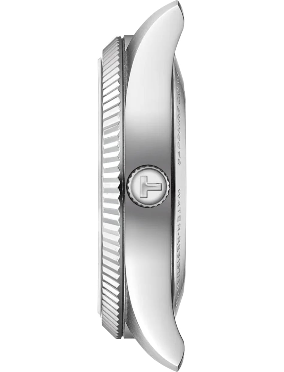 Side view of a stainless steel watch case with knurled bezel and central crown feature