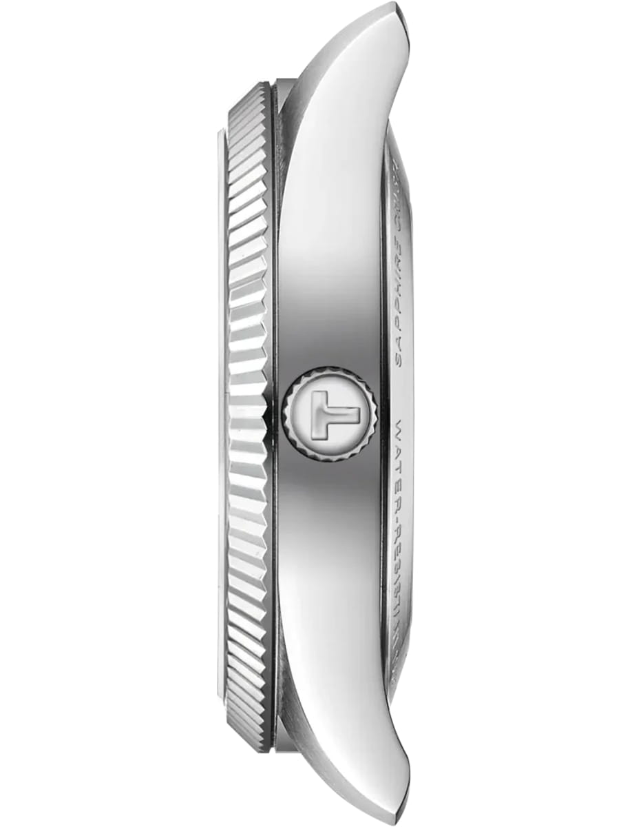 Close-up side view of a metallic wristwatch showing the knurled crown and serrated bezel.