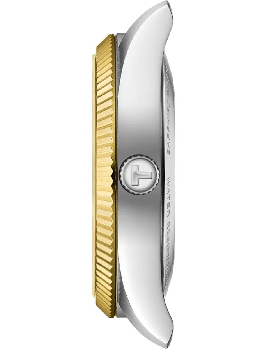 Side view of a wristwatch showing a gold serrated bezel and silver case with crown; product detail from the side.