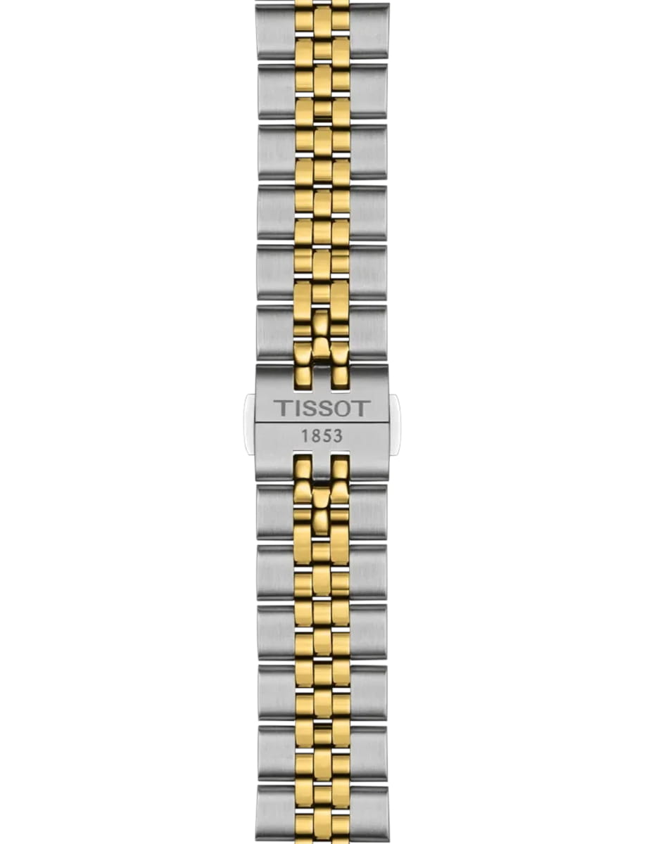 Two-tone metal watch bracelet with alternating gold and silver links and a TISSOT clasp stamped 1853.