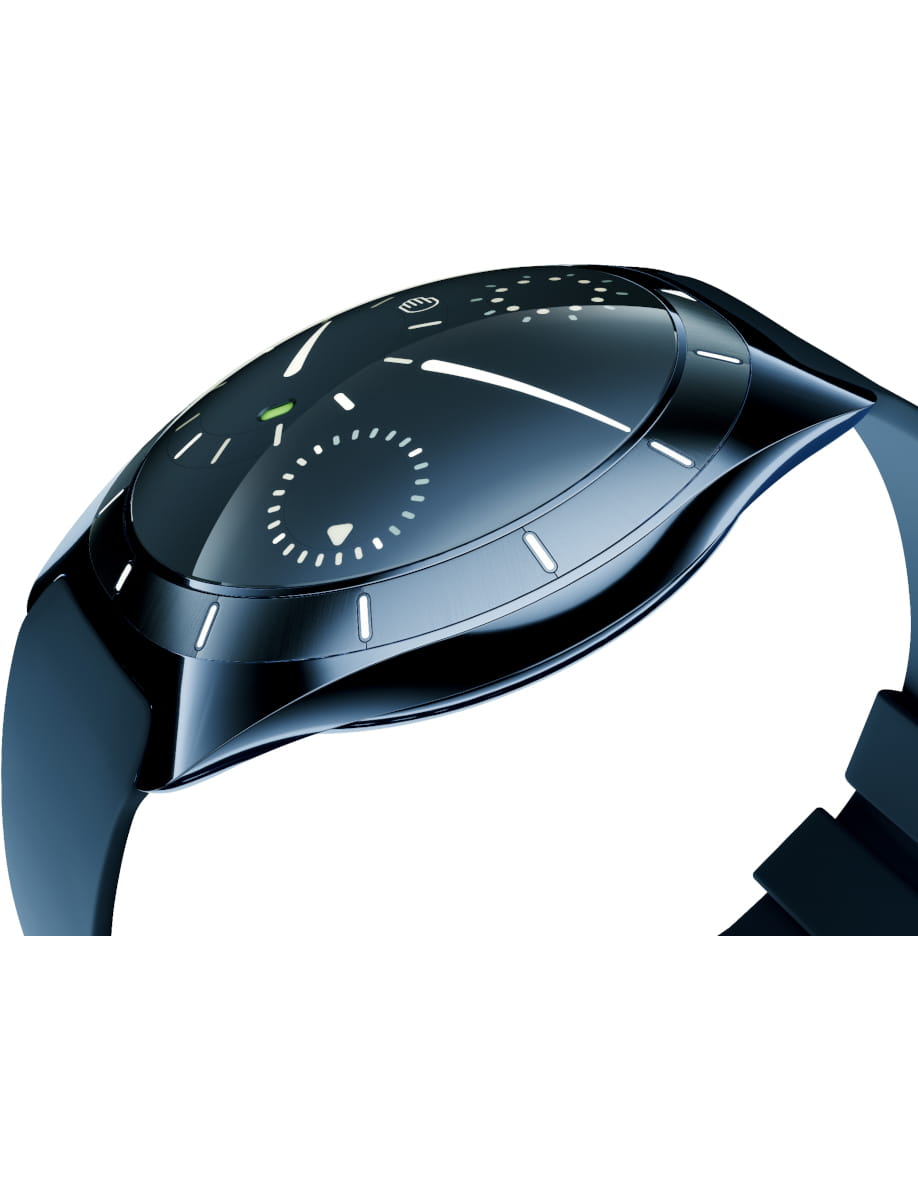 Side view of Ressence wristwatch with grade 5 titanium case and dial, and rubber strap.