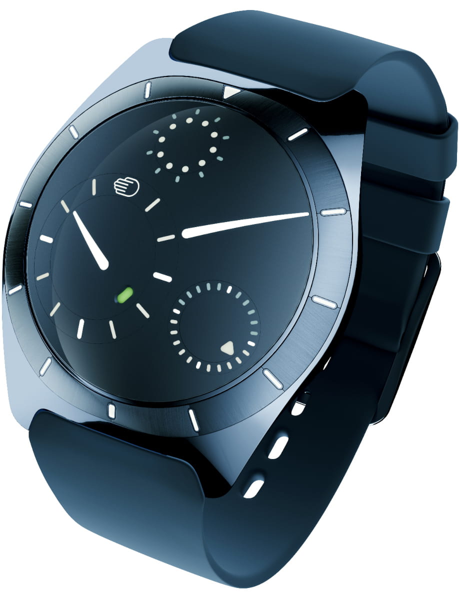 Side view of Ressence wristwatch with grade 5 titanium case and dial, and rubber strap.