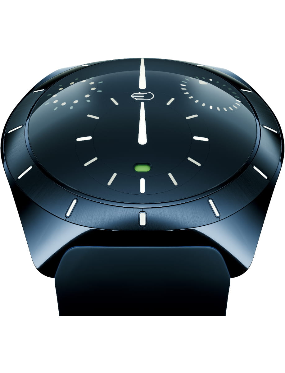 Side view of Ressence wristwatch with grade 5 titanium case and dial, and rubber strap.