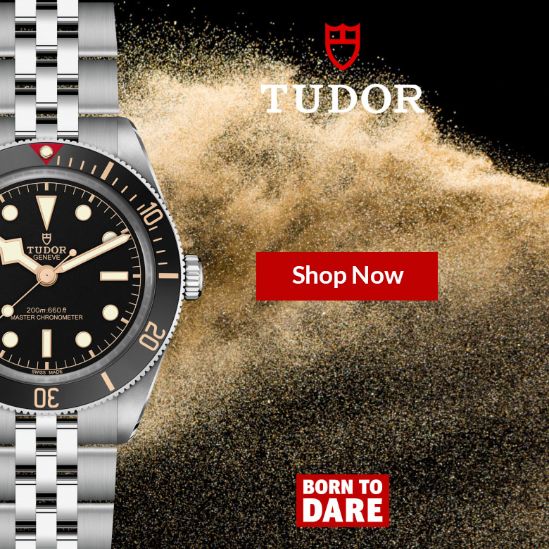 Tudor watch advertisement: close-up of a stainless steel dive watch on the left, with a red 'Shop Now' button in the center and 'Born to Dare' badge bottom right.